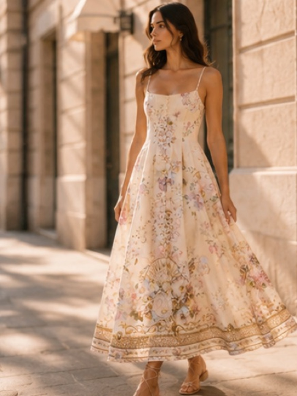 Floral Cream Midi Sundress with Delicate Print - Picture 10 of 12